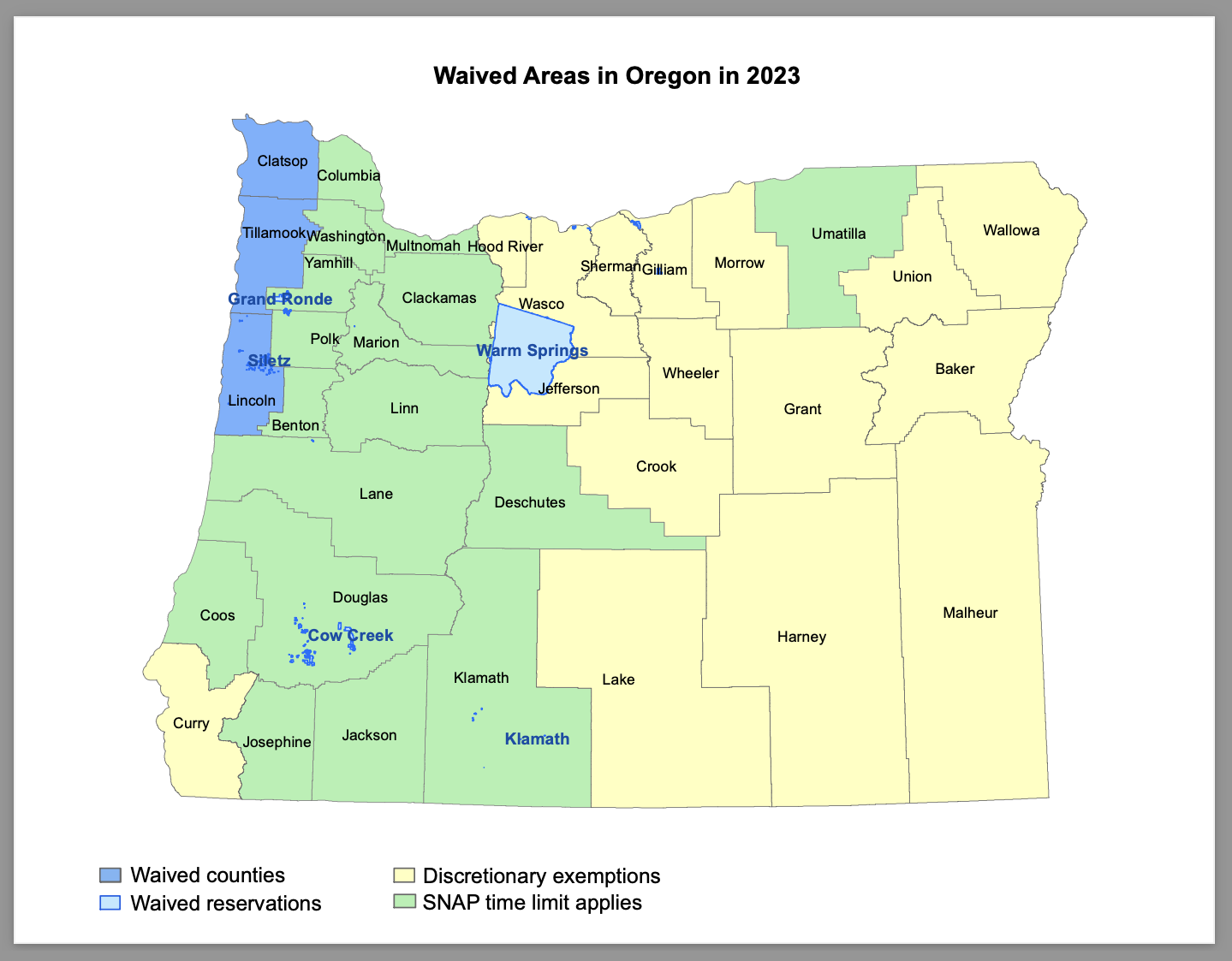 Карта округов Орегон с временными ограничениями программы SNAP для некоторых взрослых без иждивенцев
